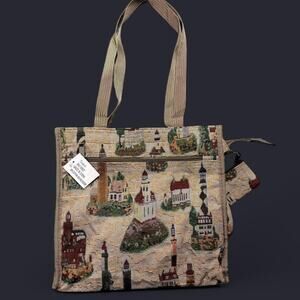 Nwt cute vintage lighthouse tapestry tote bag